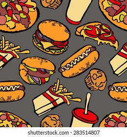 Fast food: hamburger, hot dog, pizza, sandwich, milkshake, french fries. Vector seamless pattern (background).