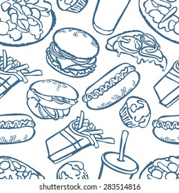 Fast food: hamburger, hot dog, pizza, sandwich, milkshake, french fries. Vector seamless pattern (background).