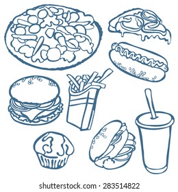 Fast food: hamburger, hot dog, pizza, sandwich, milkshake, french fries. Isolated.