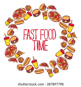 Fast food: hamburger, hot dog, pizza, sandwich, milkshake, french fries. Isolated. Frame - wreath. 