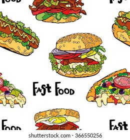 Fast food. Hamburger, hot dog, sandwich and pizza slice. Vector seamless pattern (background). Hand-drawn illustration. Seamless background with various fast food. hot dog, hamburger, pizza slice.