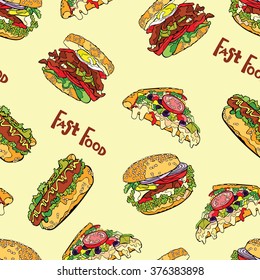 Fast food. Hamburger, hot dog, sandwich and pizza slice. Vector seamless pattern (background). Hand-drawn illustration. Seamless background with various fast food. hot dog, hamburger, pizza slice.