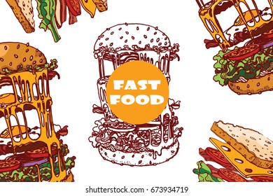 fast food , hamburger, hot dog , background, beautiful vector illustration on white background