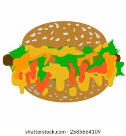 Fast food hamburger illustration design, with beef, vegetables, onions and melted cheese.