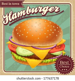 Fast food hamburger illustration retro grunge (vector)