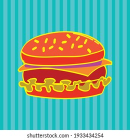 fast food, hamburger with meat, lettuce and cheese. blue textured background vector image