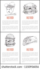 Fast food hamburger and noodles in package with chopsticks. Posters set with Mexican taco burrito traditional national dish meal take away vector