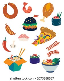 Fast food. Hamburger, pizza, sausage, chicken wings, sushi and noodles. Mass-produced meal, quickly served and prepared, favorite snacks. Vector cartoon illustration isolated on white background.