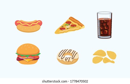 Fast food with a hamburger with Potato chips and cola,vector illustration isolated on white background