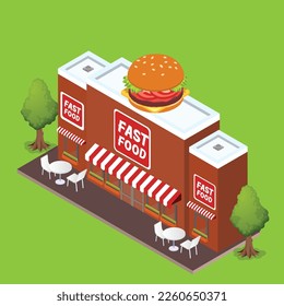 Fast food hamburger restaurant building 3d isometric vector illustration concept for banner, website, landing page, ads, flyer template