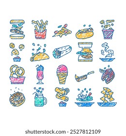 Comida rápida hamburguesa restaurante Doodle Iconos Set Vector. línea de boceto arte hamburguesa bebida, comida de pizza, menú de almuerzo, sándwich chatarra de pollo poco saludable, comida rápida hamburguesa restaurante Ilustraciones a color