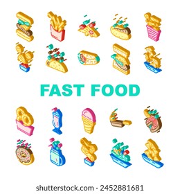 fast food hamburger restaurant icons set vector. burger drink, pizza meal, lunch menu, sandwich unhealthy chicken junk, fastfood soda fast food hamburger restaurant isometric sign illustrations