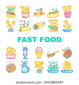 fast food hamburger restaurant icons set vector. burger drink, pizza meal, lunch menu, sandwich unhealthy chicken junk, fastfood soda fast food hamburger restaurant color line illustrations