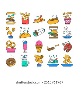 Vector de hamburguesa de comida rápida, bebida de hamburguesa, comida de pizza, menú de almuerzo, sándwich, chatarra de pollo poco saludable, soda de comida rápida hamburguesa de comida rápida restaurante color Contour Ilustraciones