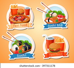 Fast food, hamburger, sushi. America, Japan. Icons, logos, a large set.