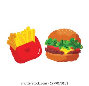 Fast food hamburger tasty set hand drawn cartoon art illustration Vector