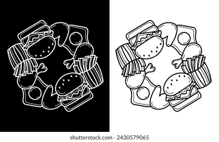 fast food hand drawn with black and white theme on white background