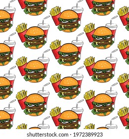 Fast Food hand drawn cartoon doodles illustration. Fast food funny objects and elements poster design. Creative art background. Colorful vector banner