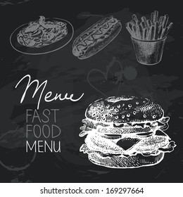 Fast food hand drawn chalkboard design set. Black chalk texture
