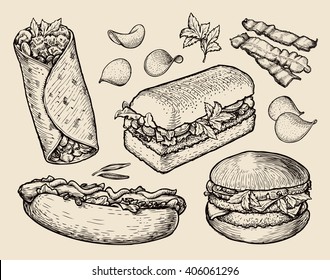 fast food. cheeseburger desenhado à mão, burritos, presunto, bacon, sanduíche, cachorro-quente, crocante, hambúrguer. ilustração vetorial esboço