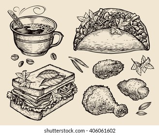 fast food. hand drawn coffee cup, tacos, sandwich, chicken in breadcrumbs. sketch vector illustration