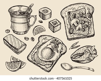 fast food. hand drawn cup coffee, tea, sandwich, fried egg, piece of fish, sushi. sketch vector illustration