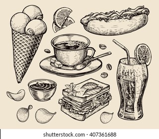 fast food. hand drawn cup coffee, tea, sandwich, hot dog, soda, lemonade, potato chips, ice cream. sketch vector illustration