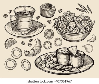 Fast Food. Hand Drawn Cup Coffee, Tea, Vegetable Salad, Nachos, Muffin, Dessert, Croissant, Onion Rings, Tomato. Sketch Vector Illustration