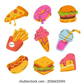 Fast food hand drawn design element isolated set