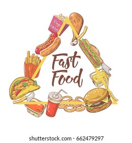 Fast Food Hand Drawn Design with Burger, Fries and Soda. Unhealthy Eating. Vector illustration