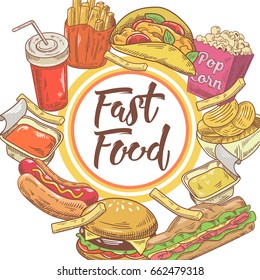 Fast Food Hand Drawn Design with Sandwich, Fries and Burger. Unhealthy Eating. Vector illustration