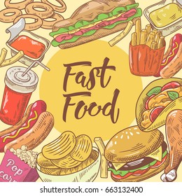 Fast Food Hand Drawn Design with Burger, Fries and Pop Corn. Unhealthy Eating. Vector illustration