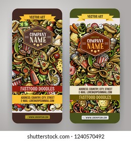Fast food hand drawn doodle banners set. Cartoon detailed flyers. Fastfood identity with objects and symbols. Color vector design elements illustration