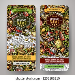 Fast food hand drawn doodle banners set. Cartoon detailed flyers. Fastfood identity with objects and symbols. Color vector design elements illustration