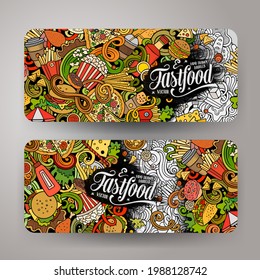 Fast food hand drawn doodle banners set. Cartoon detailed flyers. Fastfood identity with objects and symbols. Color vector design elements illustration