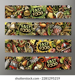 Fast food hand drawn doodle banners set. Cartoon detailed flyers. Fastfood identity with objects and symbols. Color vector design elements illustration