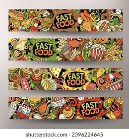 Fast food hand drawn doodle banners set. Cartoon detailed flyers. Fastfood identity with objects and symbols. Color vector design elements illustration