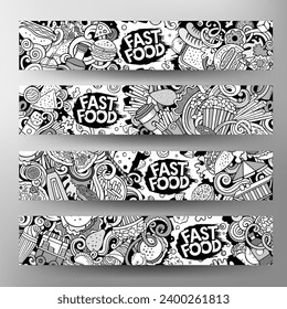 Fast food hand drawn doodle banners set. Cartoon detailed flyers. Fastfood identity with objects and symbols. Sketchy vector design elements illustration