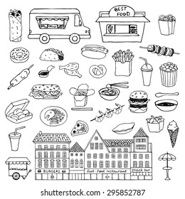 Fast Food hand drawn doodle set. Vector illustration for backgrounds, web design, design elements, textile prints, covers, menu 
