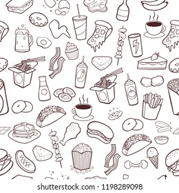 Fast food hand drawn doodles seamless pattern background 