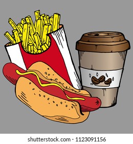 Fast food. Hand drawn french fries, hot dog and coffee in a paper cup. Unhealthy food. Vector illustration of a set of fast food.