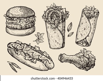 fast food. Hand drawn hamburger, burger, pizza, sandwich, chicken leg, hot dog, burrito, shawarma, gyros, pita bread. Sketch vector illustration