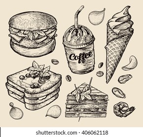 fast food. hand drawn hamburger, burger, coffee, espresso, ice cream, sandwich, dessert, toast, cheeseburger. sketch vector illustration