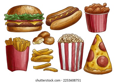 Juego de iconos dibujado a mano de comida rápida. Hamburguesas, patatas fritas, perritos calientes, patas de pollo, palomitas, pepitas y pizza
para el diseño de café de comida para llevar. Ilustración vectorial de la comida callejera .