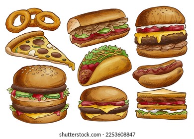 Fast food hand drawn icon set. Hamburger, tacos, hot dog,  shawarma, nuggets, pizza and sandwich for takeaway cafe design. Vector illustration of street food .