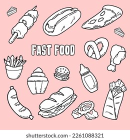 Fast Food Hand Drawn Icon Set. Vector Fast Food Icon