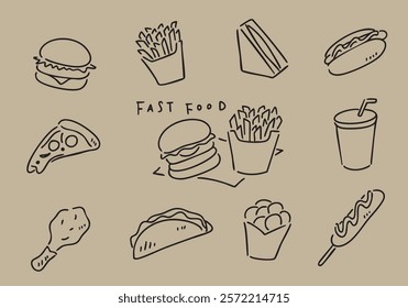 Fast food hand drawn line art icon set