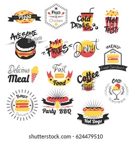 Fast Food Hand Drawn Logos. Vector illustration