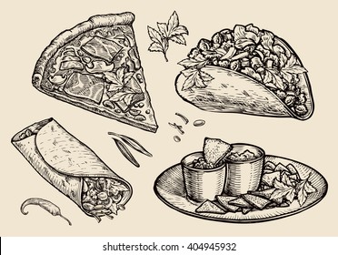 fast food. Hand drawn pizza, sandwich, tacos, nachos, burrito, shawarma, pita bread. Sketch vector illustration