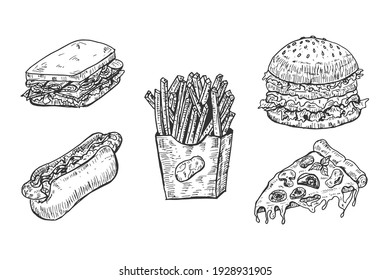 Fast food hand drawn. Sandwich, hotdog, french fries, burger and pizza. Vector sketch illustration vintage art.